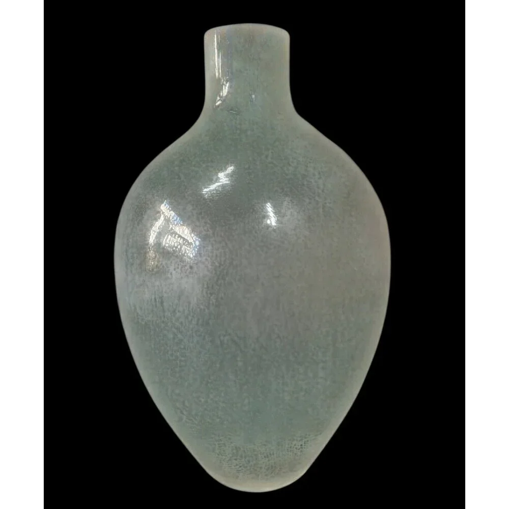 90s Aqua Hand-Blown Bubble Glass Vase 11” Textured Art Glass Modern Decor